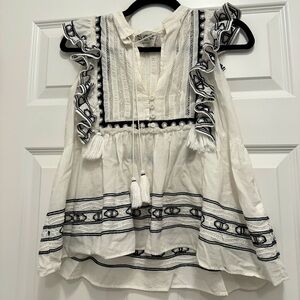 SEA NY black and white blouse with lace and tassels